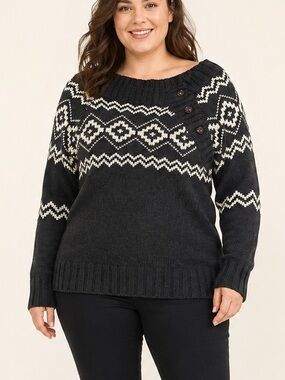 Lolë Jackie Fair Isle Lambswool Blend Off-Shoulder Sweater Size XL